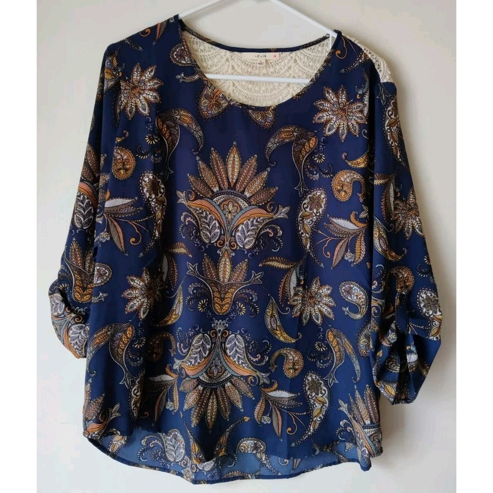 Le Lis Women's Blue/Multicolor Paisley Crochet Back 3/4 Sleeve Blouse Size Large